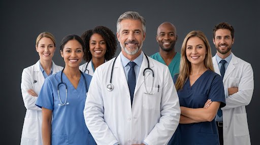 Equipe médica diversa pronta para atender sua empresa